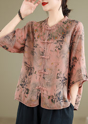 Handmade Pink O-Neck Print Embroidered Button Top Half Sleeve