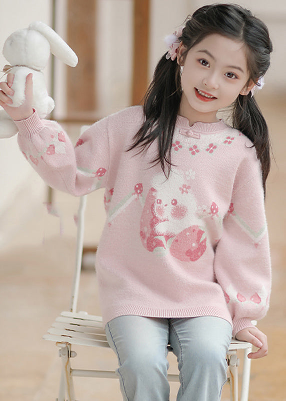 Handmade Pink O-Neck Thick Print Cotton Knit Girls Sweaters Winter