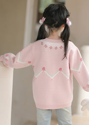 Handmade Pink O-Neck Thick Print Cotton Knit Girls Sweaters Winter