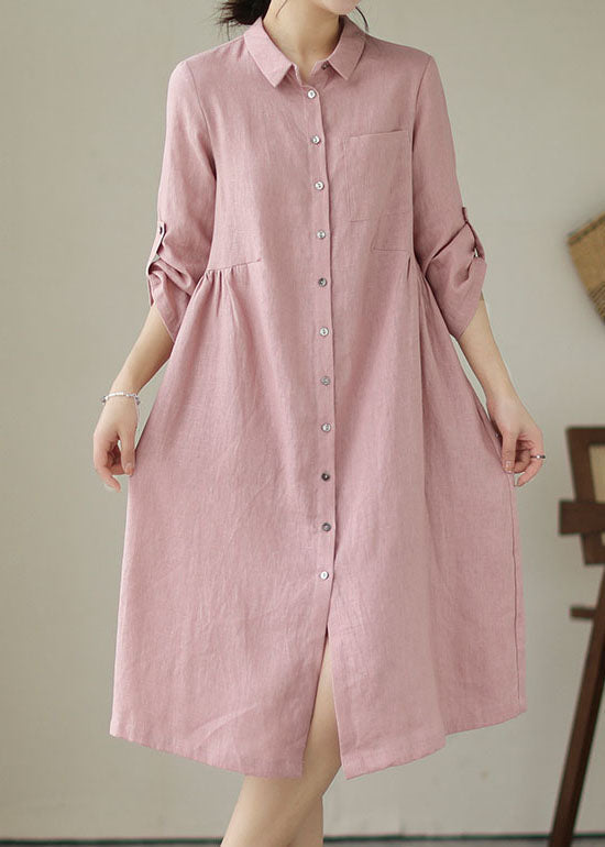 Handmade Pink Peter Pan Collar Patchwork Linen Dresses Summer