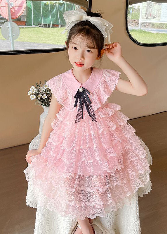 Handmade Pink Ruffled Layered Patchwork Lace Kids Girls Dress Summer