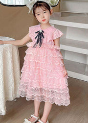 Handmade Pink Ruffled Layered Patchwork Lace Kids Girls Dress Summer