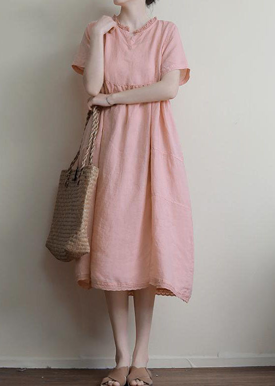 Handmade Pink Ruffled Patchwork Linen Dress Summer