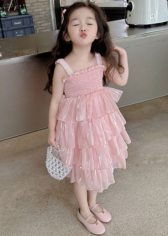 Handmade Pink Ruffled Patchwork Tulle Baby Girls Dresses Sleeveless