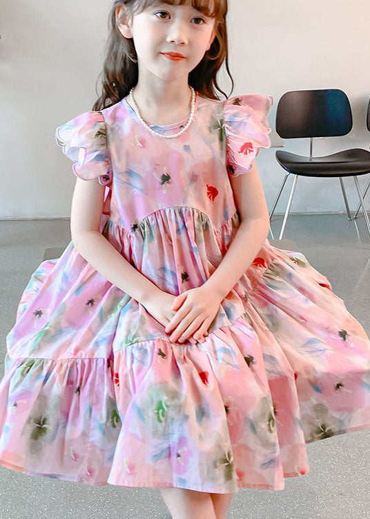 Handmade Pink Ruffled Print Patchwork Cotton Kids Girls Dresses Summer