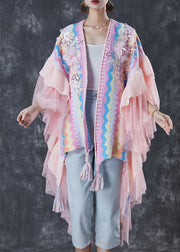 Handmade Pink Ruffles Patchwork Print Knit Shawl Spring