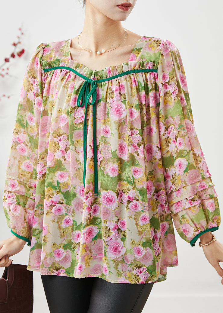 Handmade Pink Square Collar Floral Print Chiffon Shirts Spring