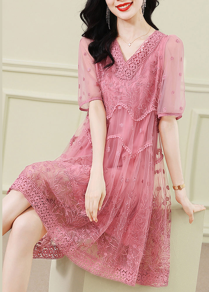 Handmade Pink V Neck Embroideried Patchwork Tulle Dresses Summer