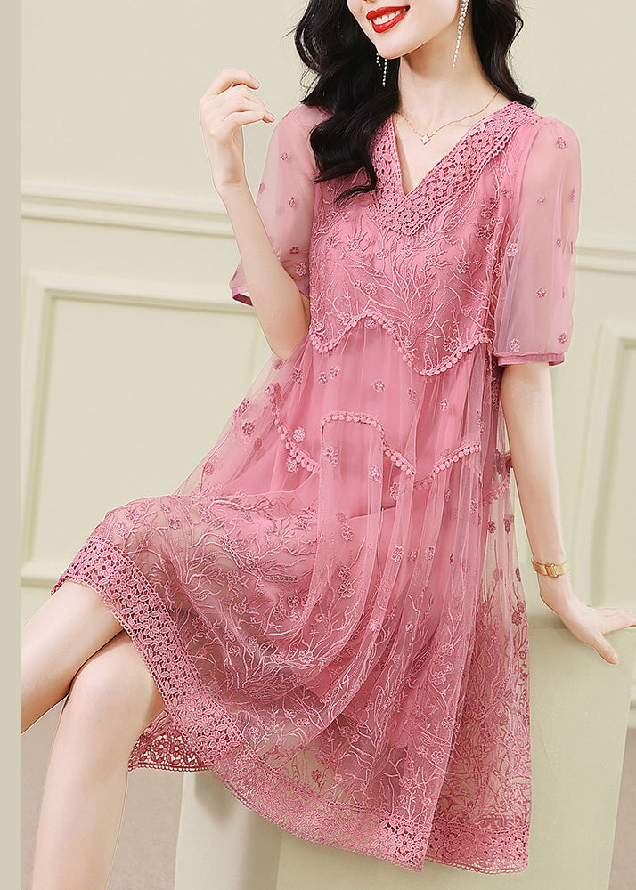 Handmade Pink V Neck Embroideried Patchwork Tulle Dresses Summer