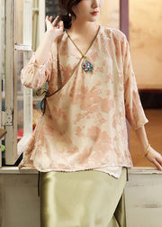 Handmade Pink V Neck Jacquard Silk Top Long Sleeve