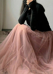 Handmade Pink Wrinkled High Waist Tulle Skirts Spring