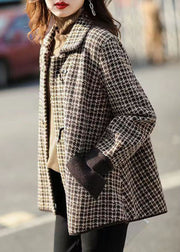 Handmade Plaid Peter Pan Collar Pockets Patchwork Woolen Coats Fall