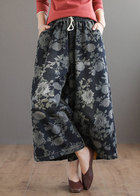 Handmade Print Elastic Waist Tie Waist Cotton Wide Leg Pants Summer