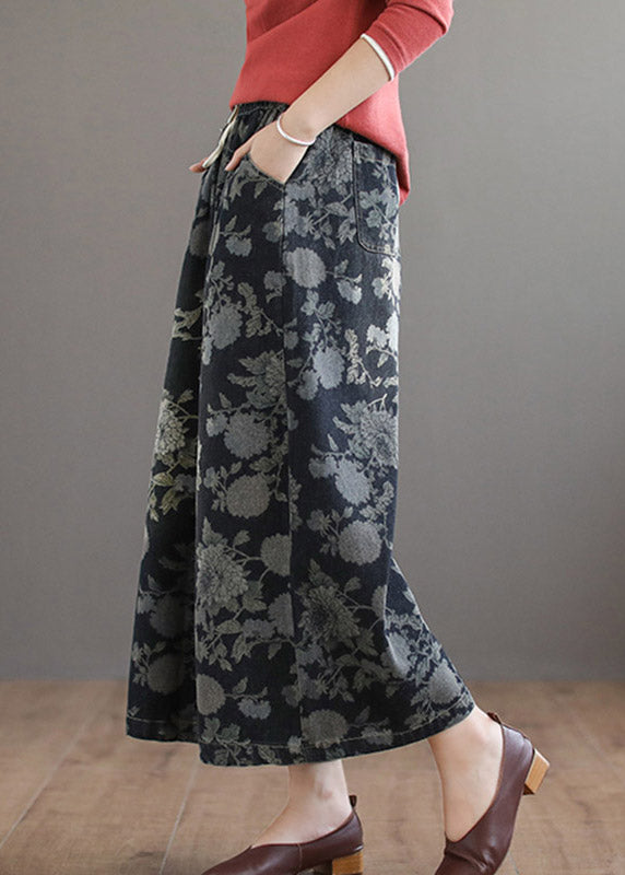 Handmade Print Elastic Waist Tie Waist Cotton Wide Leg Pants Summer