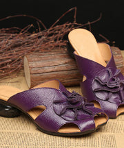 Handmade Purple Cowhide Leather Splicing Slide Sandals