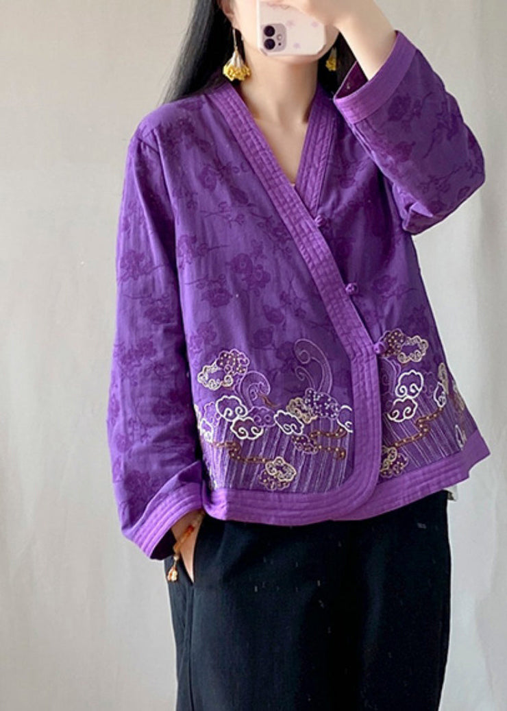 Handmade Purple Embroideried Floral Tops Long Sleeve