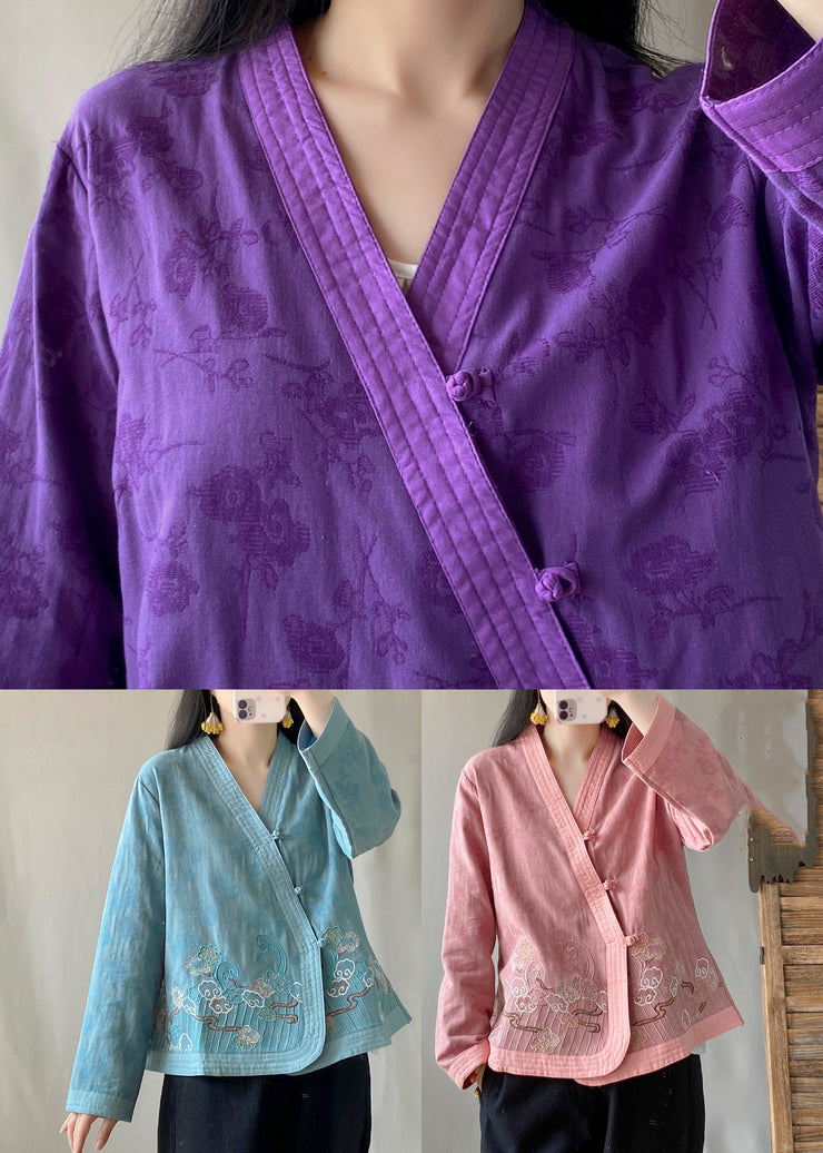 Handmade Purple Embroideried Floral Tops Long Sleeve