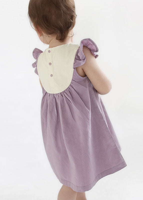 Handmade Purple Embroideried Patchwork Cotton Baby Girls Dresses Summer