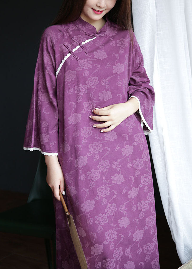 Handmade Purple Mandarin Collar Lace Patchwork Cotton Dresses Spring