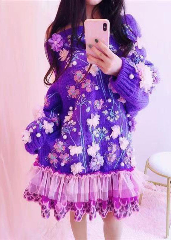 Handmade Purple O-Neck Embroidered Floral Tulle Patchwork Knit Mid Dresses Fall