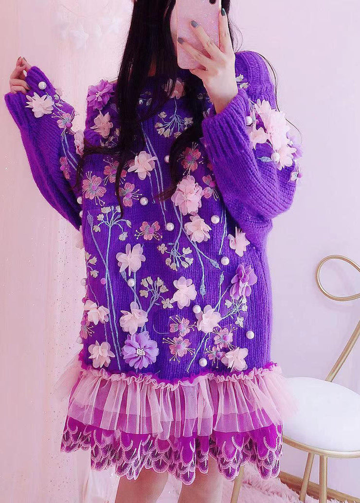 Handmade Purple O-Neck Embroidered Floral Tulle Patchwork Knit Mid Dresses Fall