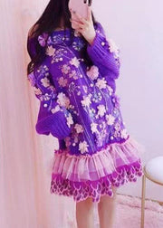 Handmade Purple O-Neck Embroidered Floral Tulle Patchwork Knit Mid Dresses Fall