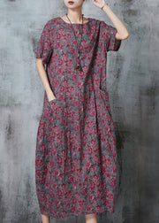 Handmade Purple Oversized Print Linen Dresses Summer