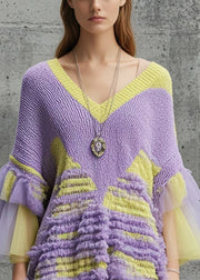 Handmade Purple V Neck Patchwork Knit Dress Flare Sleeve