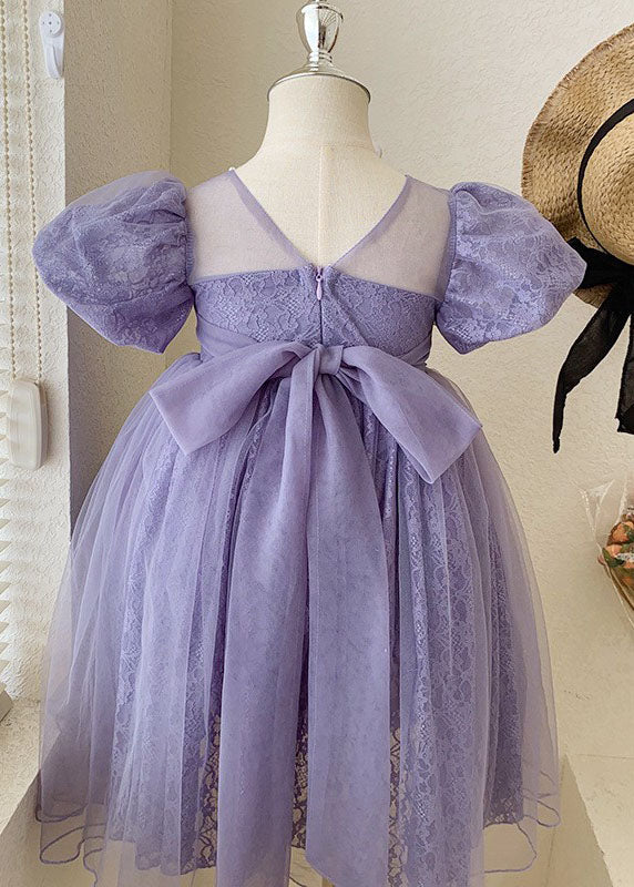 Handmade Purple Wrinkled Nail Bead Bow Patchwork Tulle Kids Girls Dresses Summer