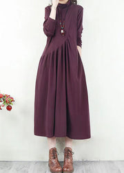 Handmade Purple Wrinkled Patchwork Cotton Long Dresses Fall