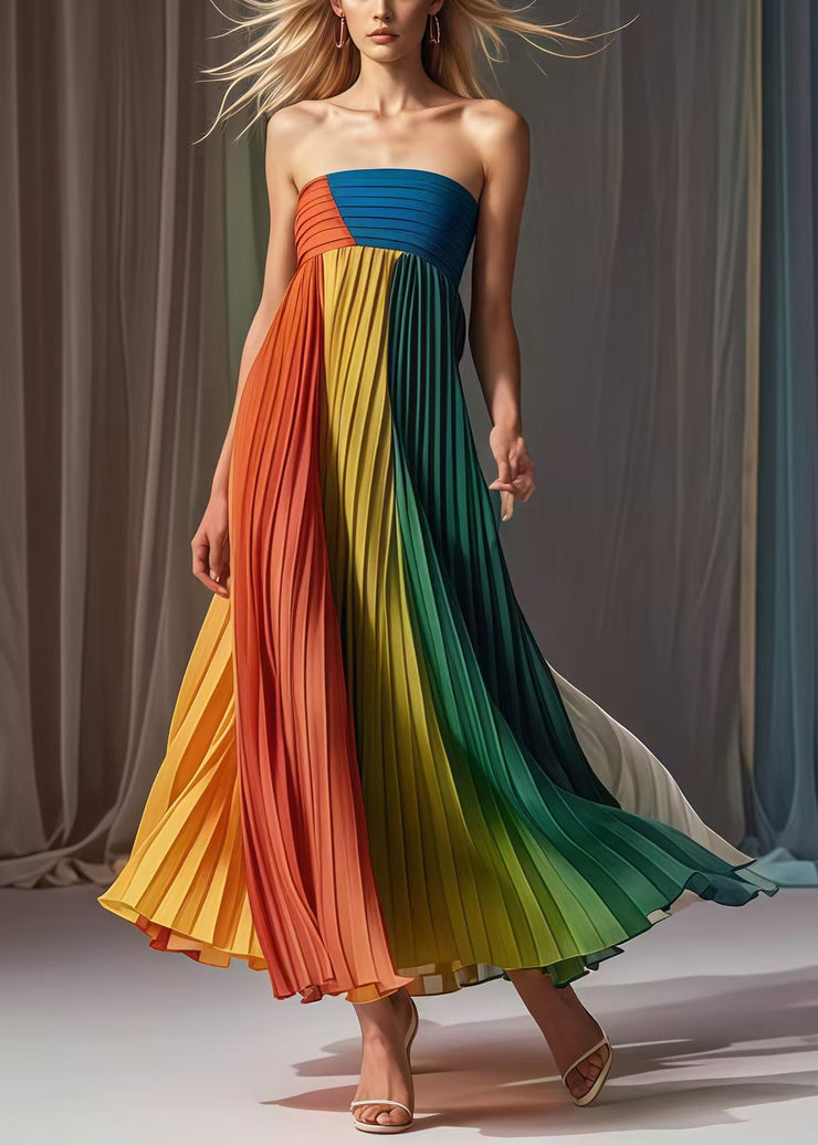 Handmade Rainbow Bustier Top Chiffon Strapless Pleated Dresses Summer