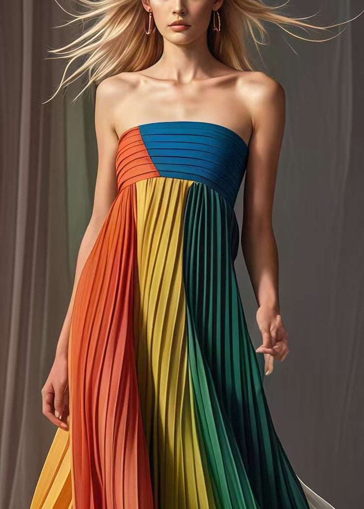 Handmade Rainbow Bustier Top Chiffon Strapless Pleated Dresses Summer