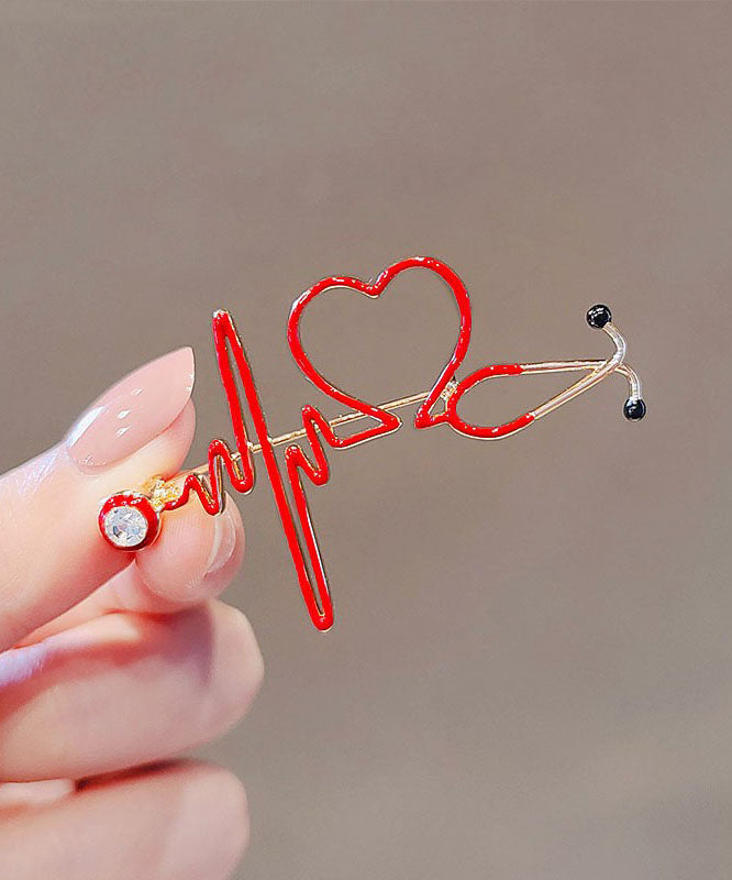 Handmade Red Alloy Zircon ECG Love Brooches