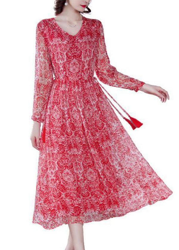 Handmade Red Cinched Print Silk Long Dress Spring