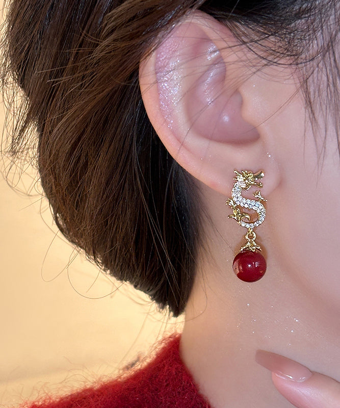 Handmade Red Copper Alloy Zircon Golden Dragon Playing With Pearl Drop Earrings