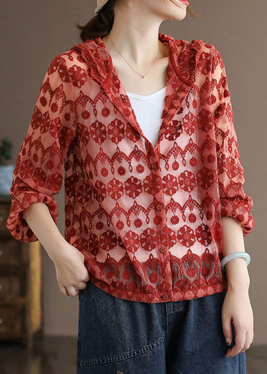 Handmade Red Embroideried Patchwork Cotton Hooded Coat Long Sleeve