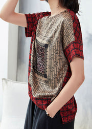 Handmade Red O Neck Print Patchwork Silk T Shirt Top Short Sleeve