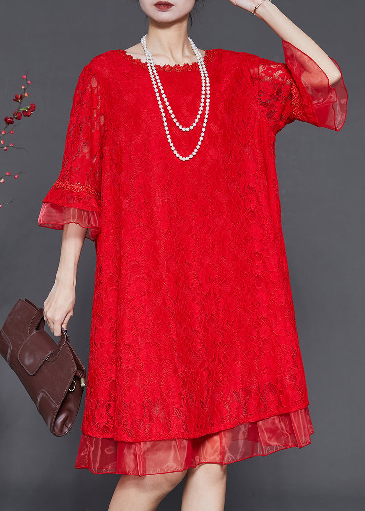 Handmade Red Oversized Patchwork Lace Mid Dress Flare Sleeve