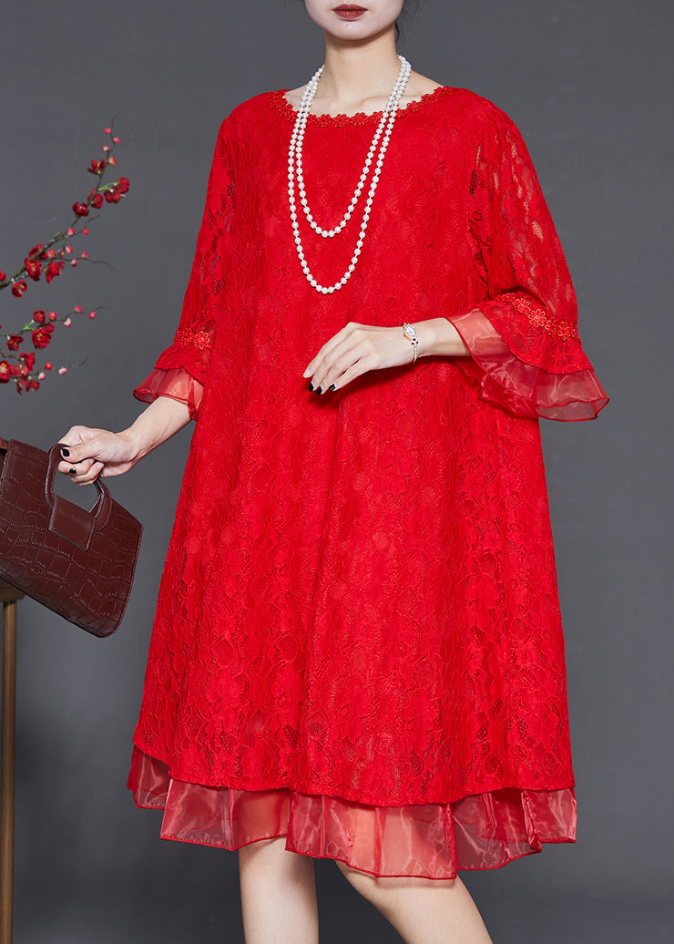 Handmade Red Oversized Patchwork Lace Mid Dress Flare Sleeve