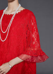 Handmade Red Oversized Patchwork Lace Mid Dress Flare Sleeve