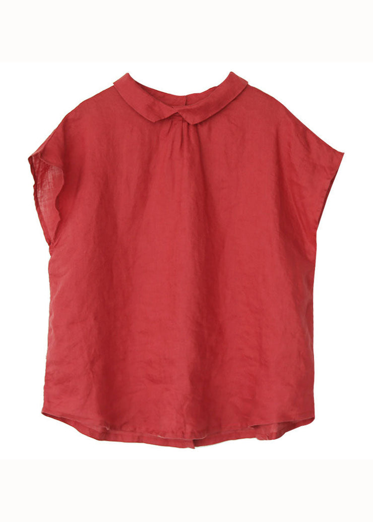 Handmade Red Peter Pan Collar Button Patchwork Linen Top Short Sleeve