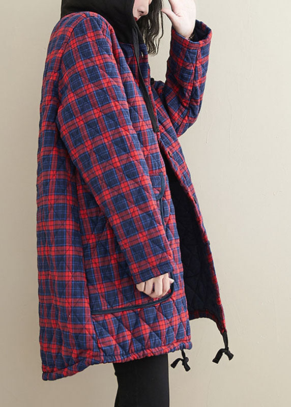 Handmade Red Plaid Button Low High Design Tie Waist Hooded Parka Winter