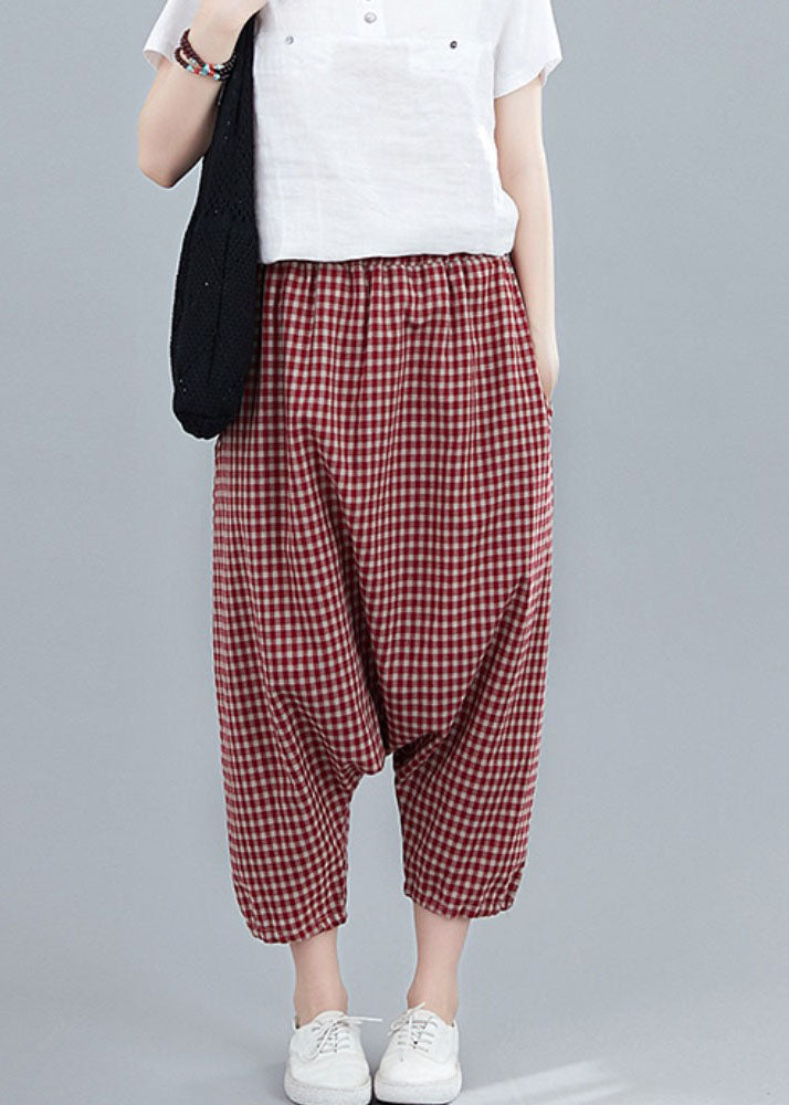 Handmade Red Plaid Pockets Patchwork Cotton Crop Pants Summer