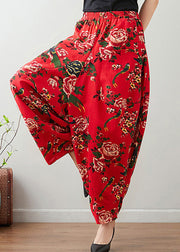 Handmade Red Print Cozy Waist Wide Pants