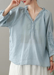 Handmade Red Ruffled Embroidered Linen Shirt Spring