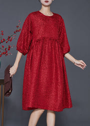 Handmade Red Ruffled Jacquard Spandex Dresses Half Sleeve