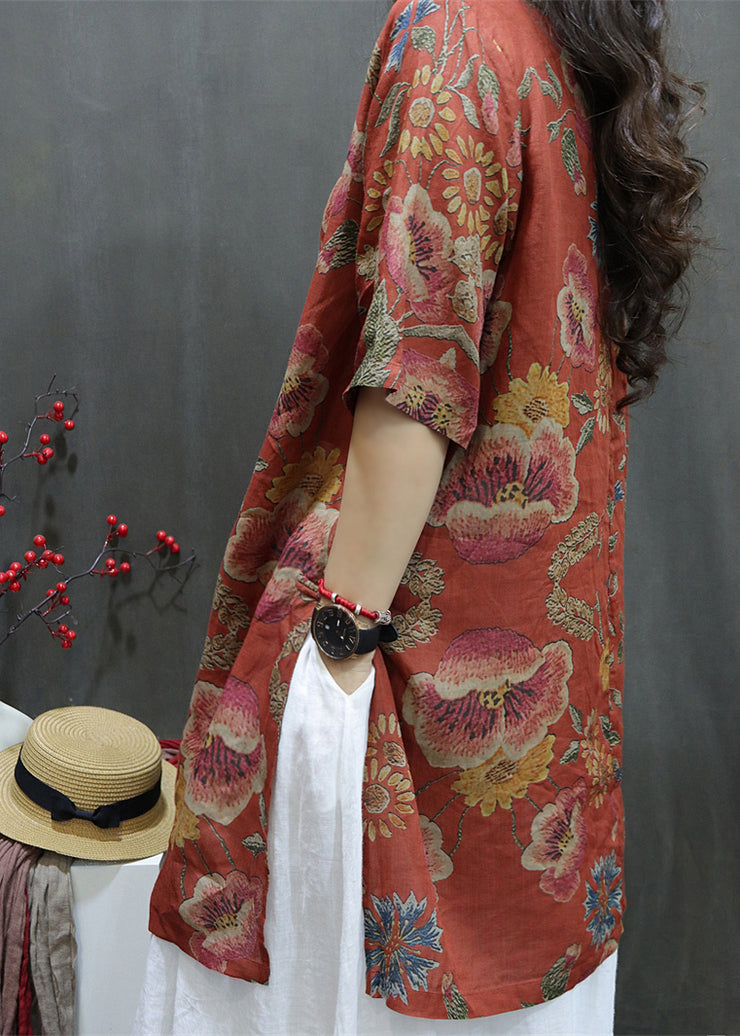 Handmade Red Stand Collar Print Long Linen Tops Short Sleeve