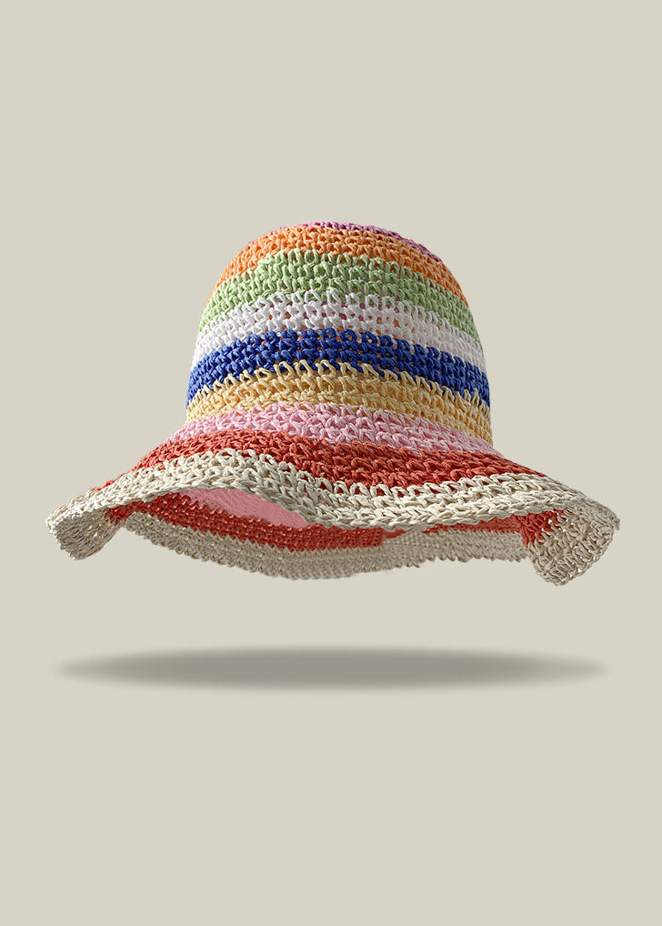 Handmade Red Striped Patchwork Straw Woven Bucket Hat