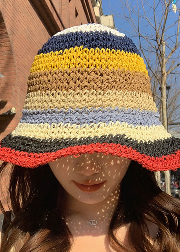 Handmade Red Striped Patchwork Straw Woven Bucket Hat