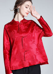 Handmade Red Tasseled Chinese Button Jacquard Patchwork Silk Shirts Spring